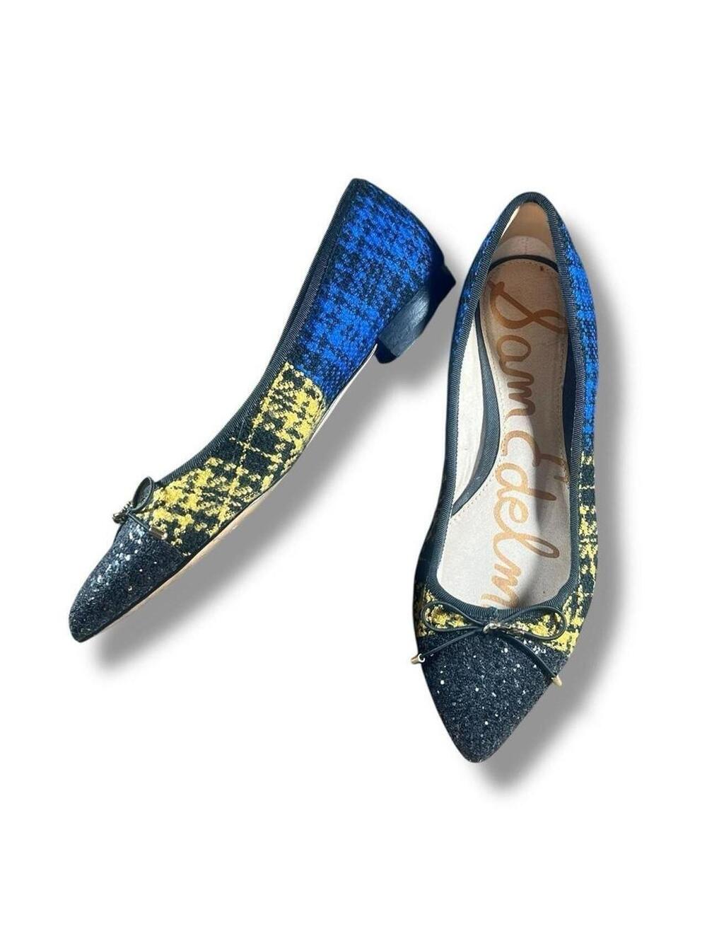 Sam Edelman Sequin Tweed Ballet Flats Black Yellow + Blue Pointed Toe